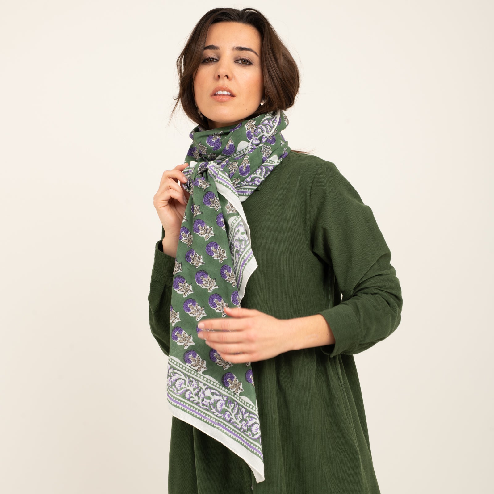Large Scarf Sathi Organic Coton - Blockprint - Green GREEN