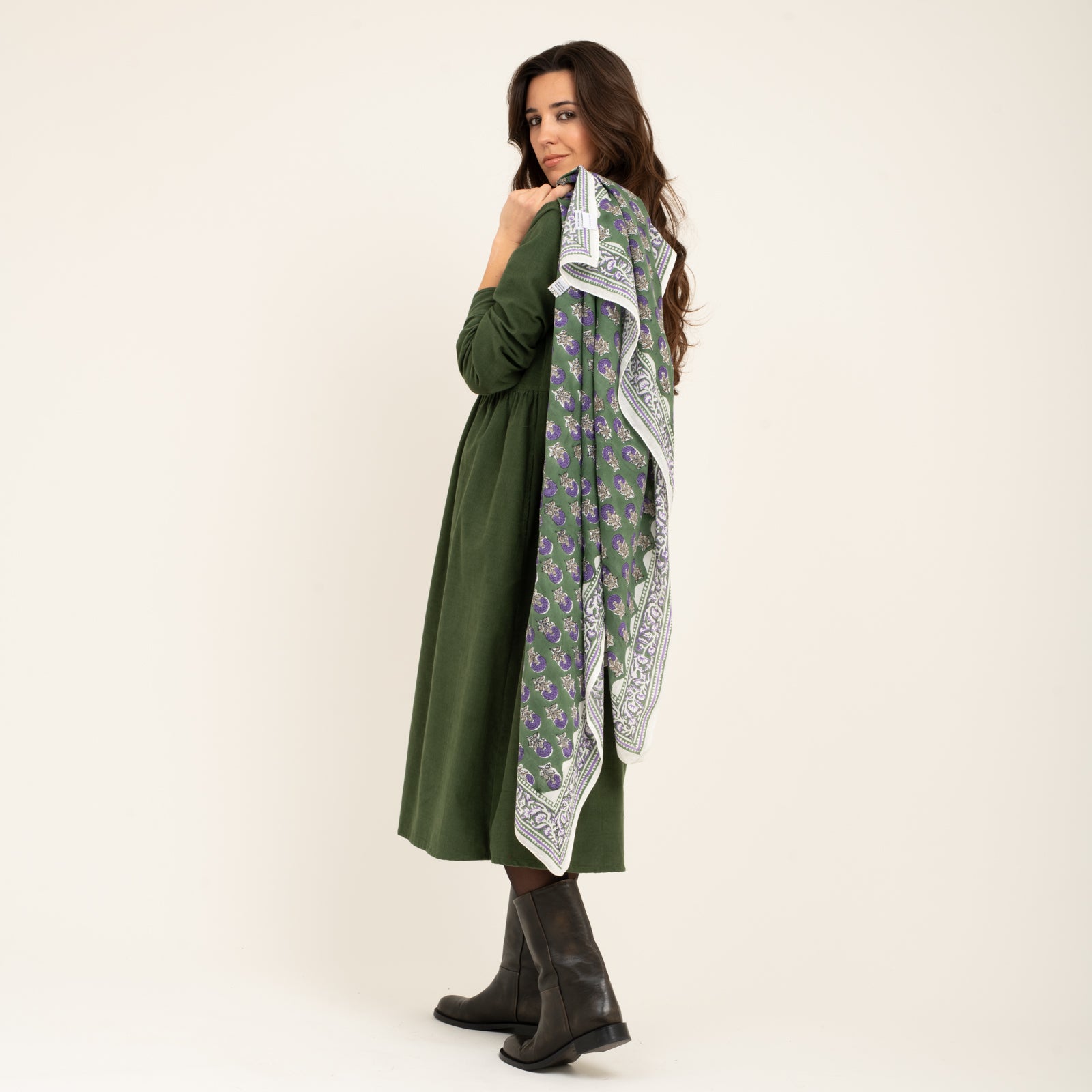 Large Scarf Sathi Organic Coton - Blockprint - Green GREEN