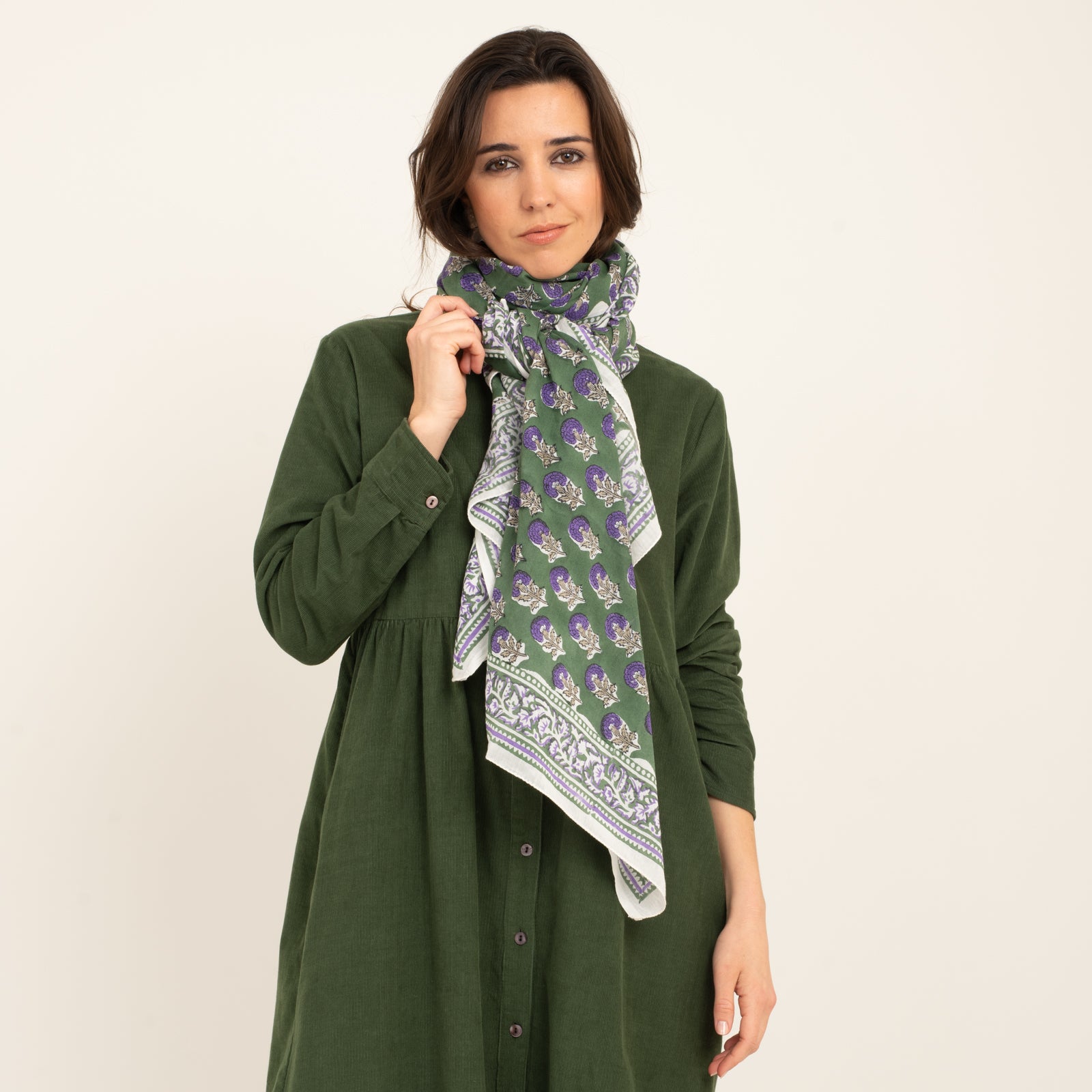 Large Scarf Sathi Organic Coton - Blockprint - Green GREEN