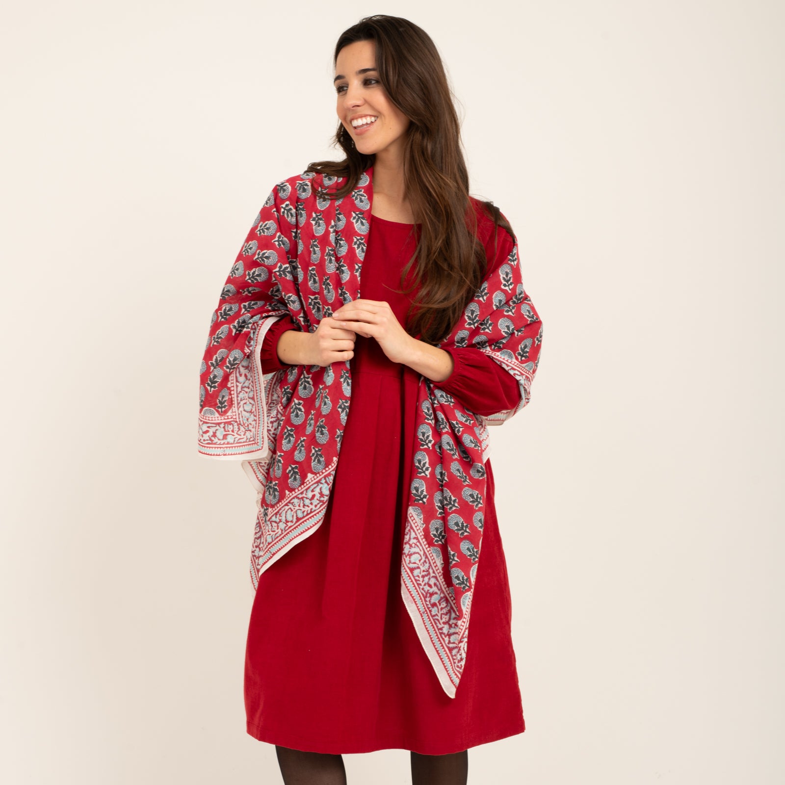 Large Scarf Sathi Organic Coton - Blockprint - Red RED