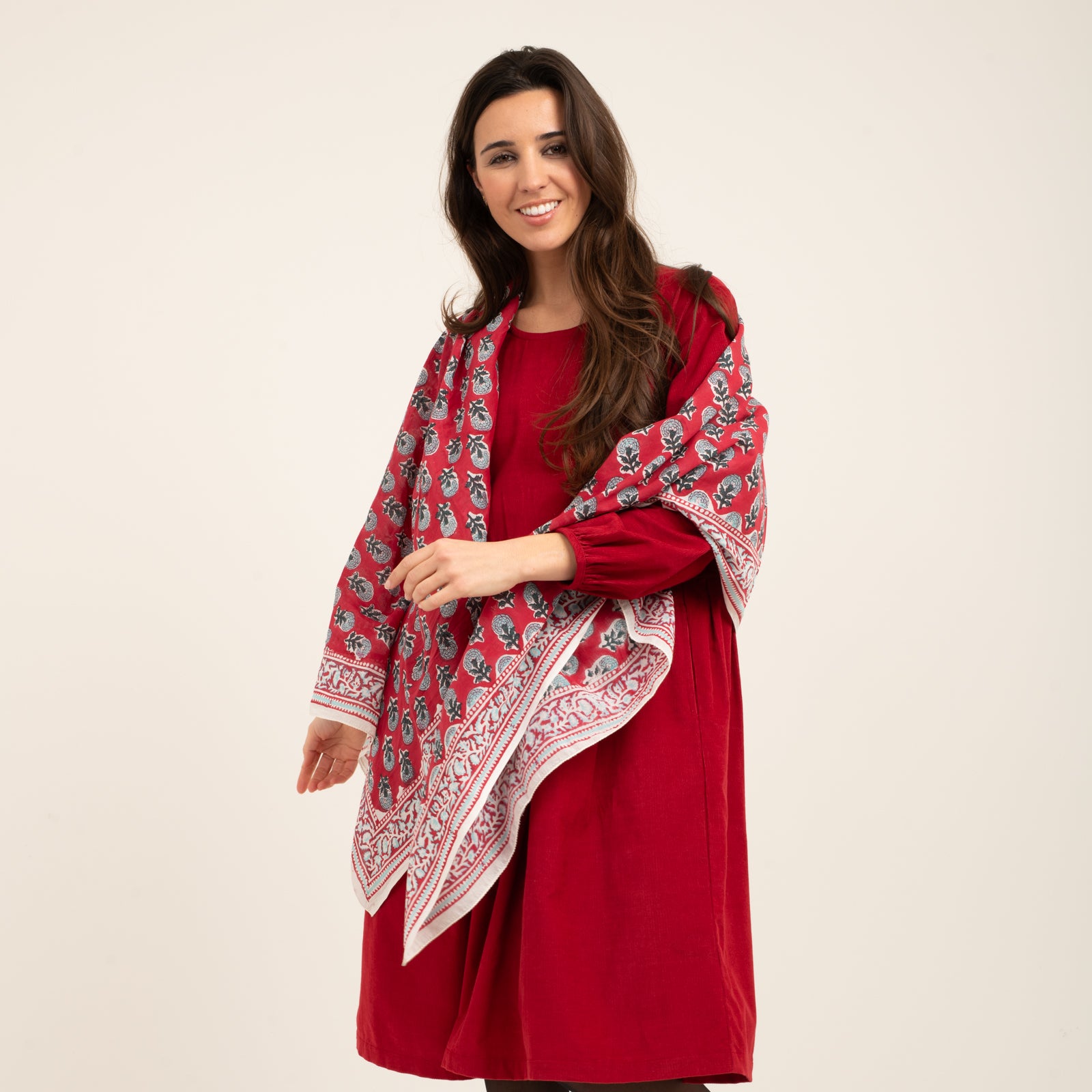 Large Scarf Sathi Organic Coton - Blockprint - Red RED