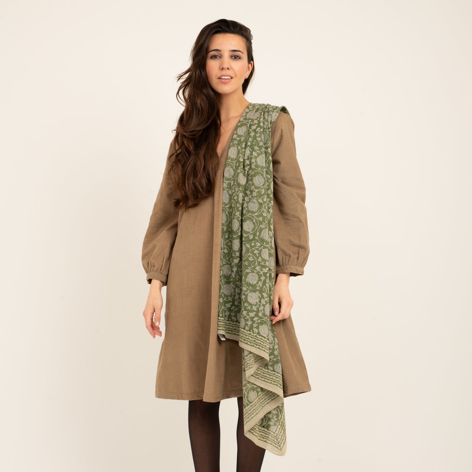 Large Scarf Pema Organic Coton - Blockprint - Green GREEN