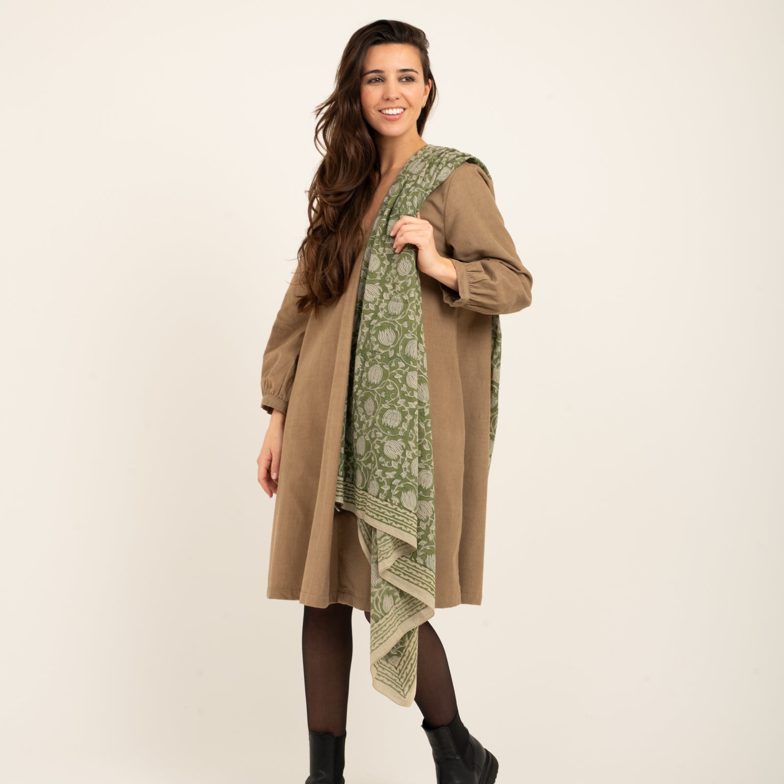 Large Scarf Pema Organic Coton - Blockprint - Green GREEN