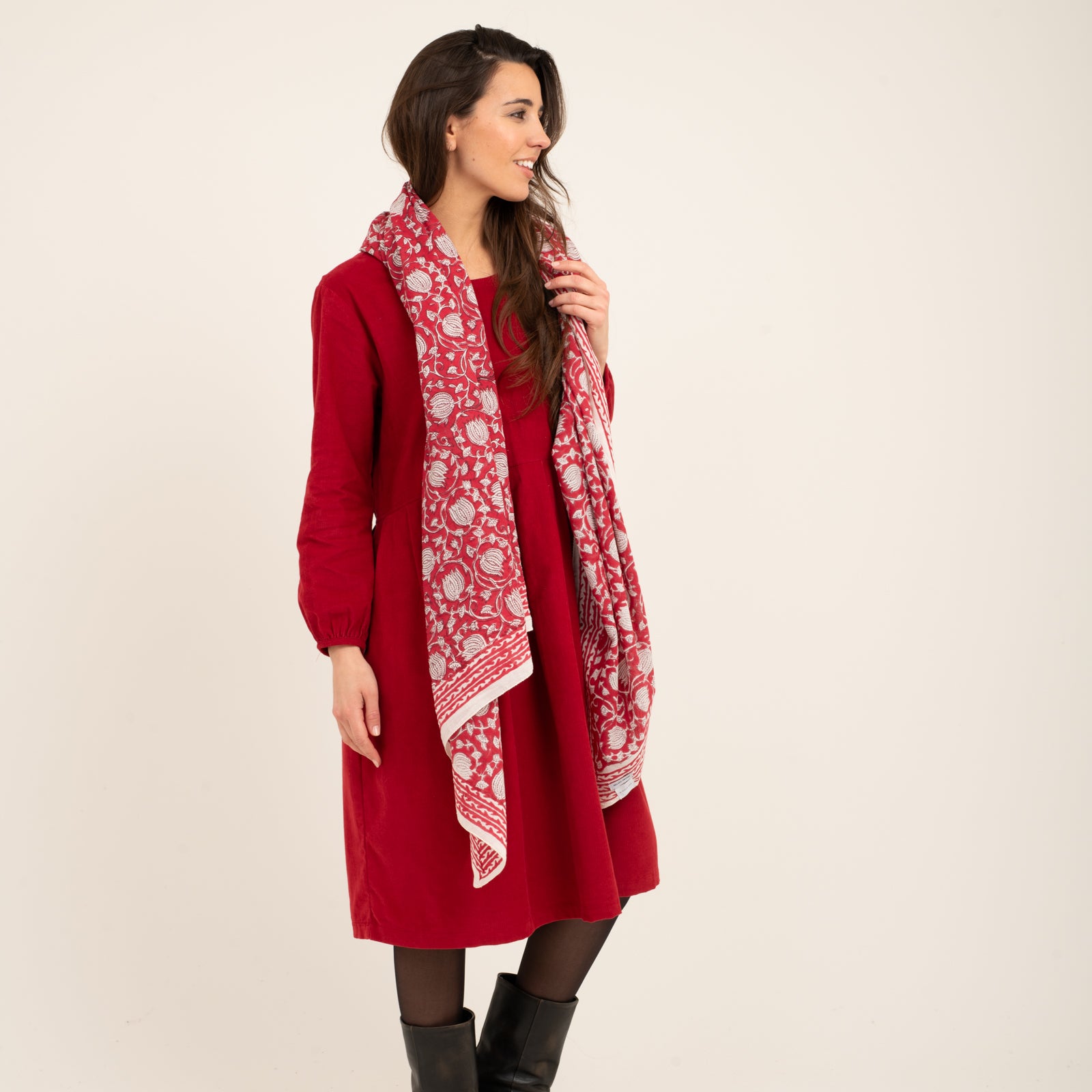 Large Scarf Pema Organic Coton - Blockprint - Red RED