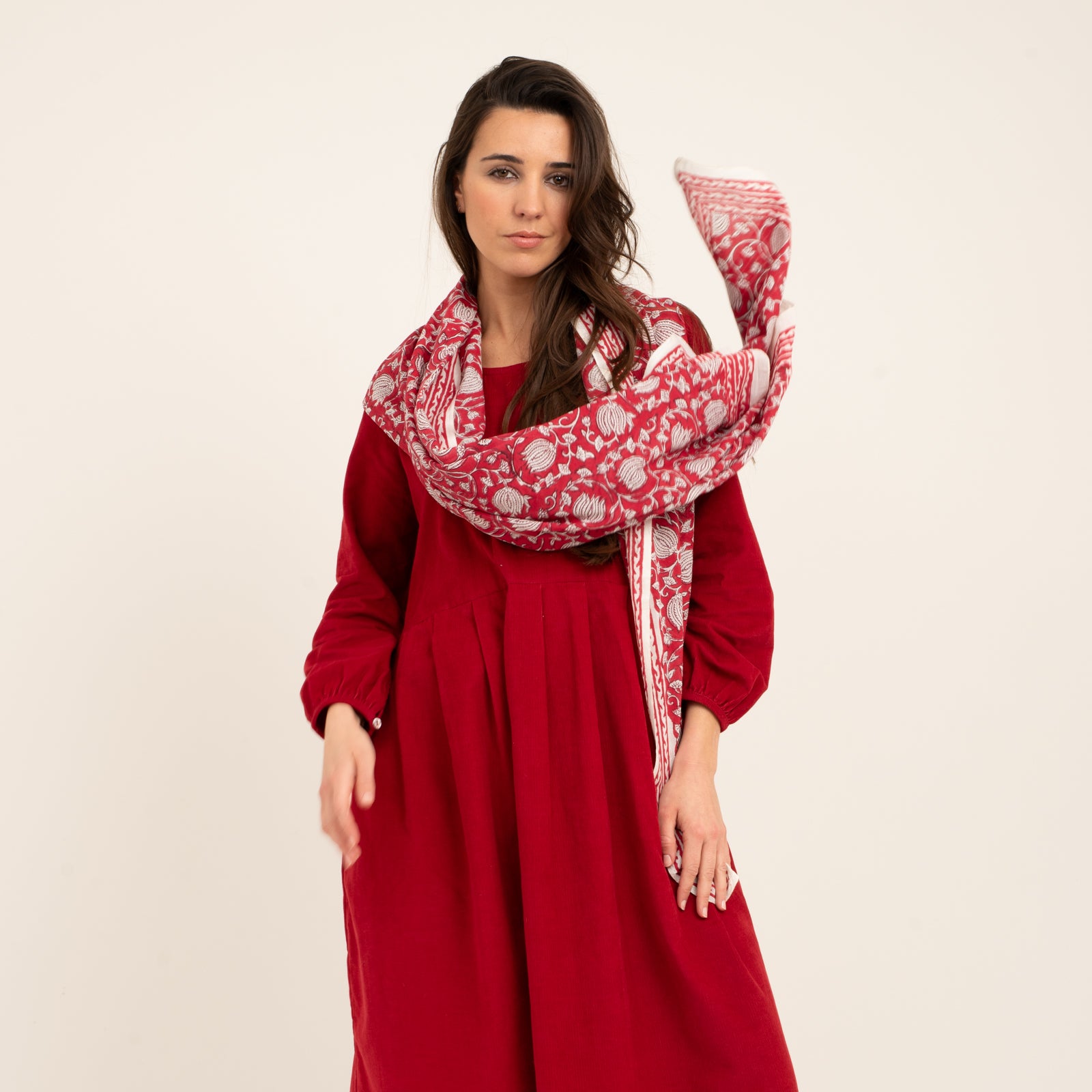 Large Scarf Pema Organic Coton - Blockprint - Red RED