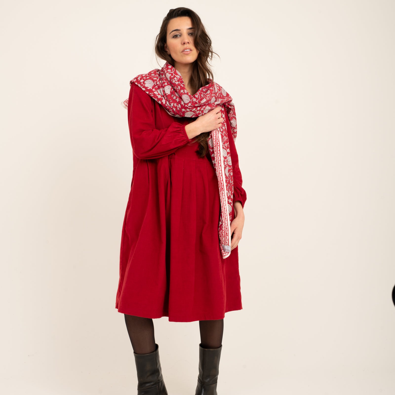 Large Scarf Pema Organic Coton - Blockprint - Red RED