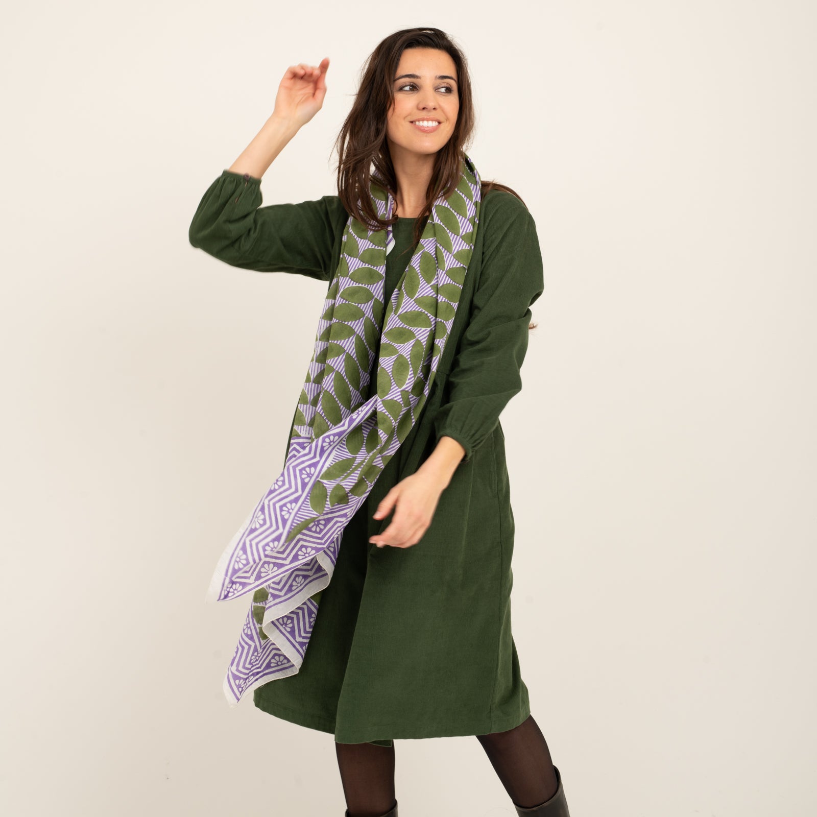Large Scarf Ananda Organic Coton - Blockprint - Green GREEN