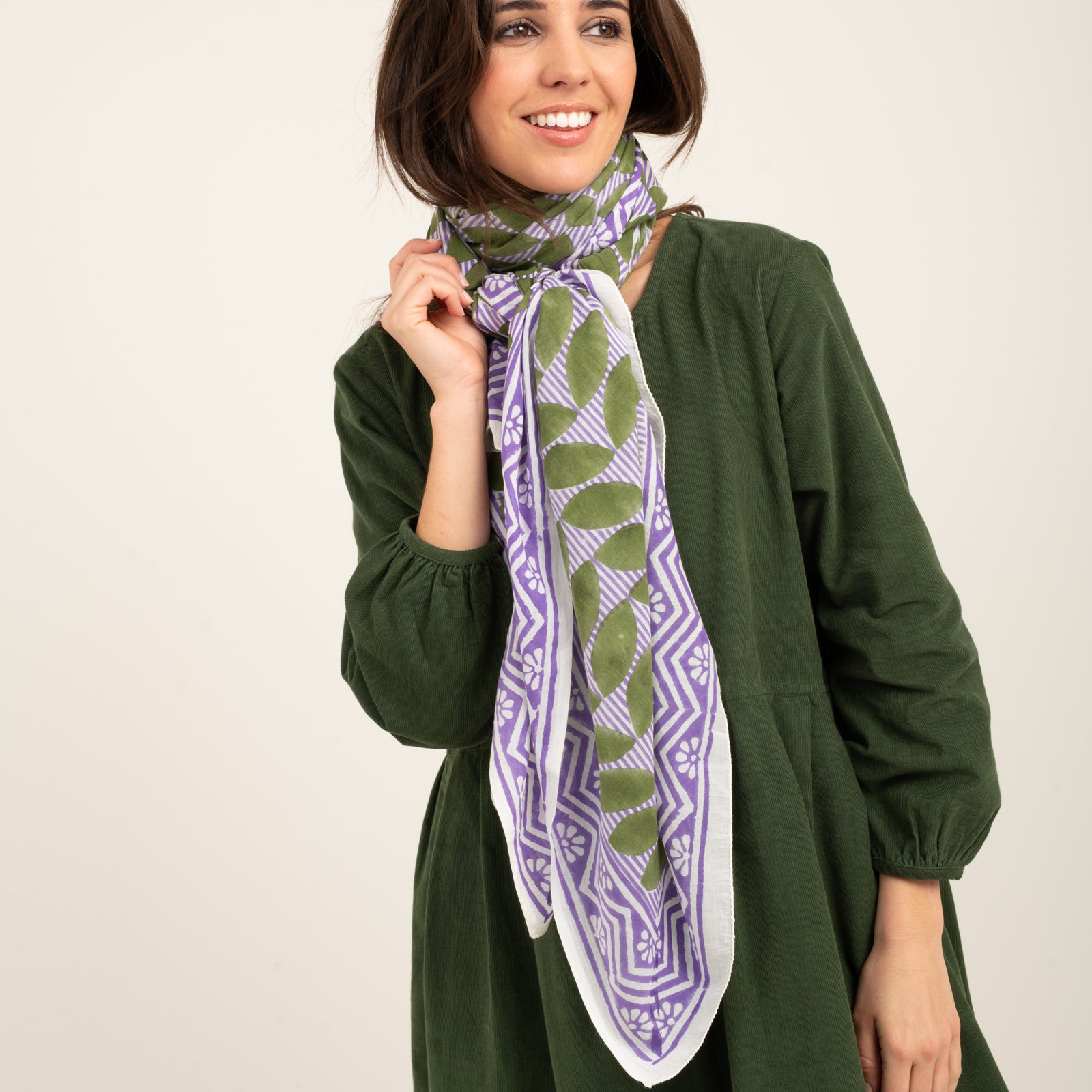 Large Scarf Ananda Organic Coton - Blockprint - Green GREEN