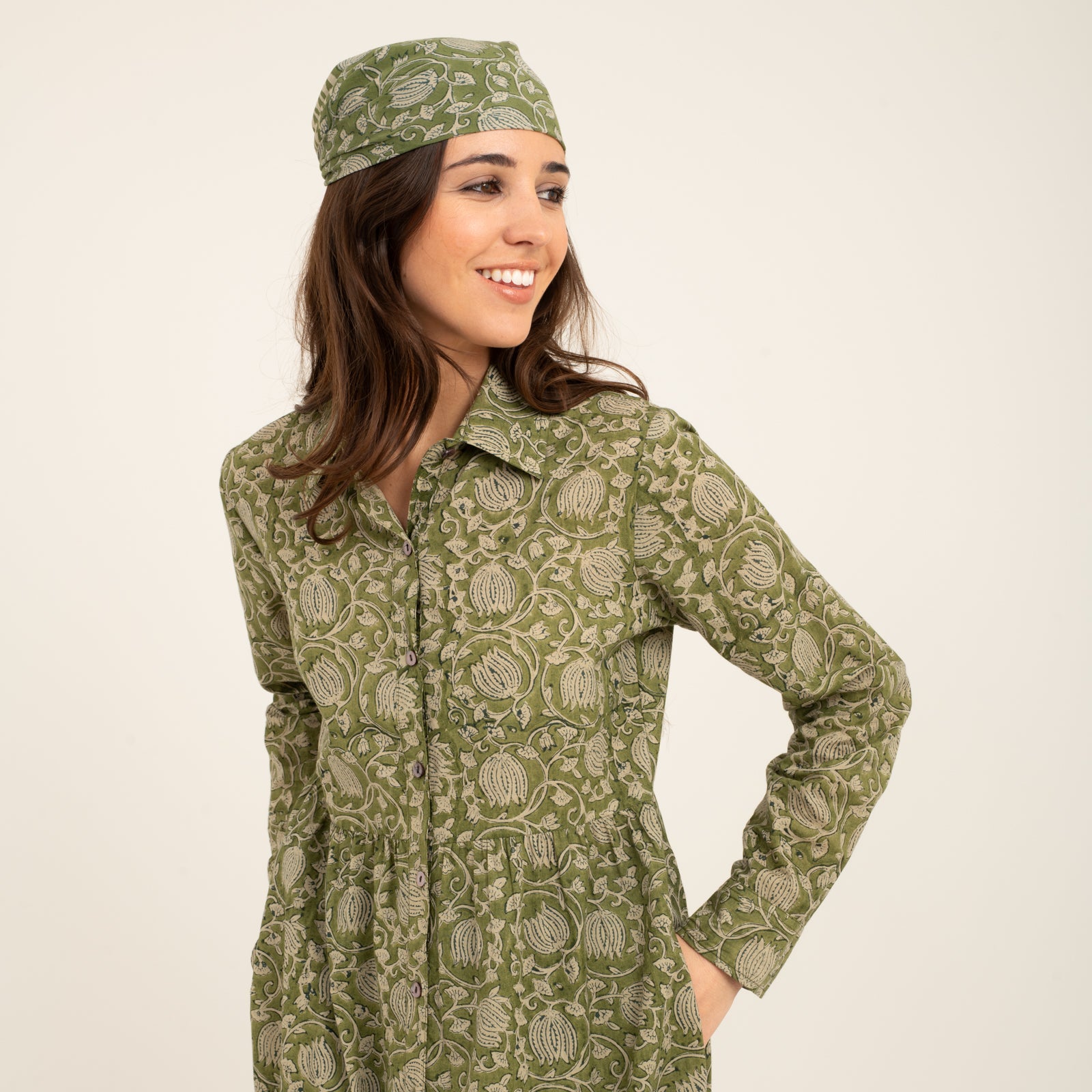 Bandana Scarf Pema Organic Coton - Blockprint - Green GREEN