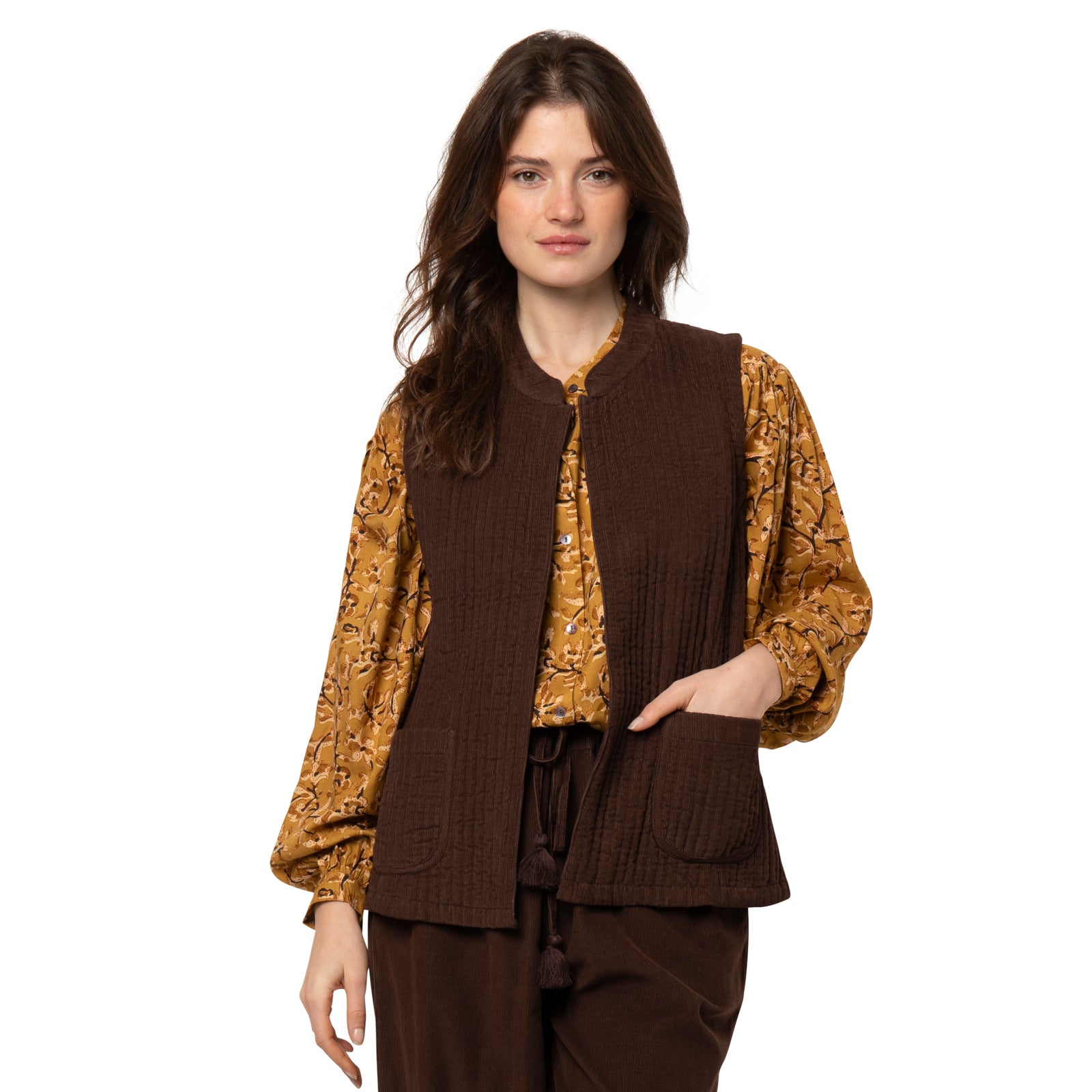 Nehru Sleeveless Jacket Velvet 100% Coton Velvet - Brown BROWN