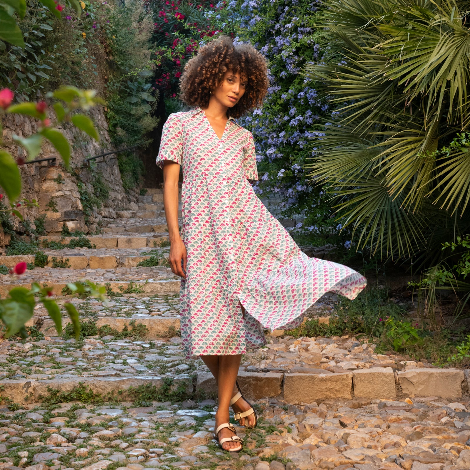 Emma Dress Garrigue 100% Organic Cotton - Green Pink GREEN PINK