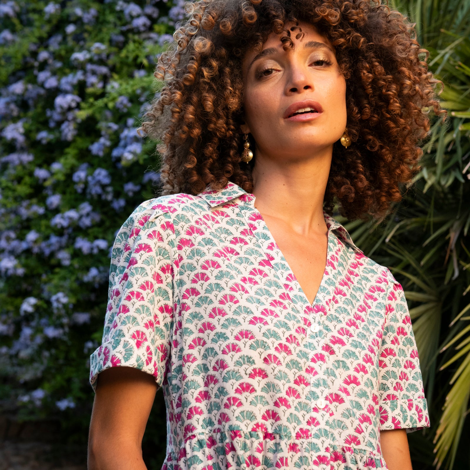 Emma Dress Garrigue 100% Organic Cotton - Green Pink GREEN PINK