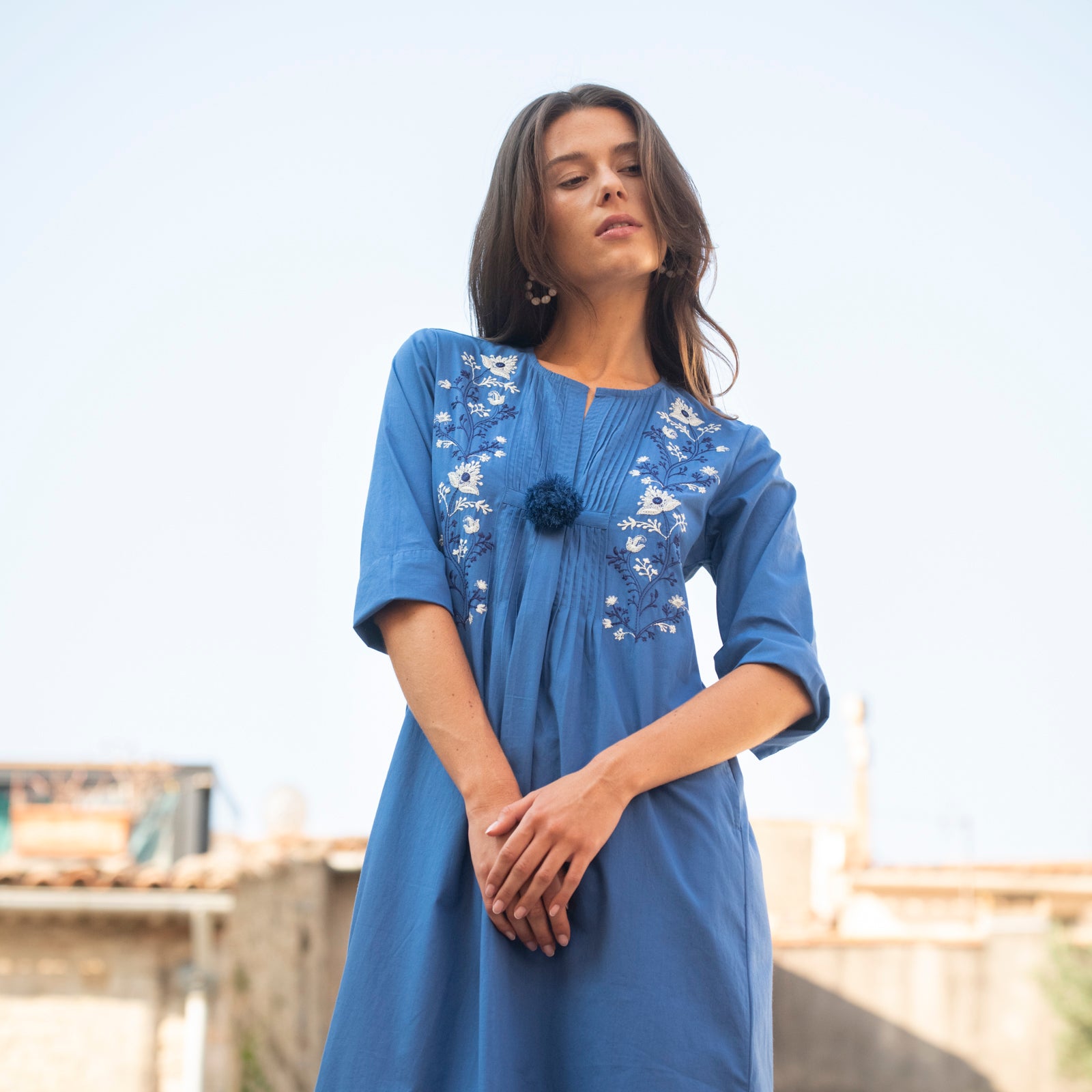 Louisa Long Dress Embroidery 100% Coton - Blue BLUE