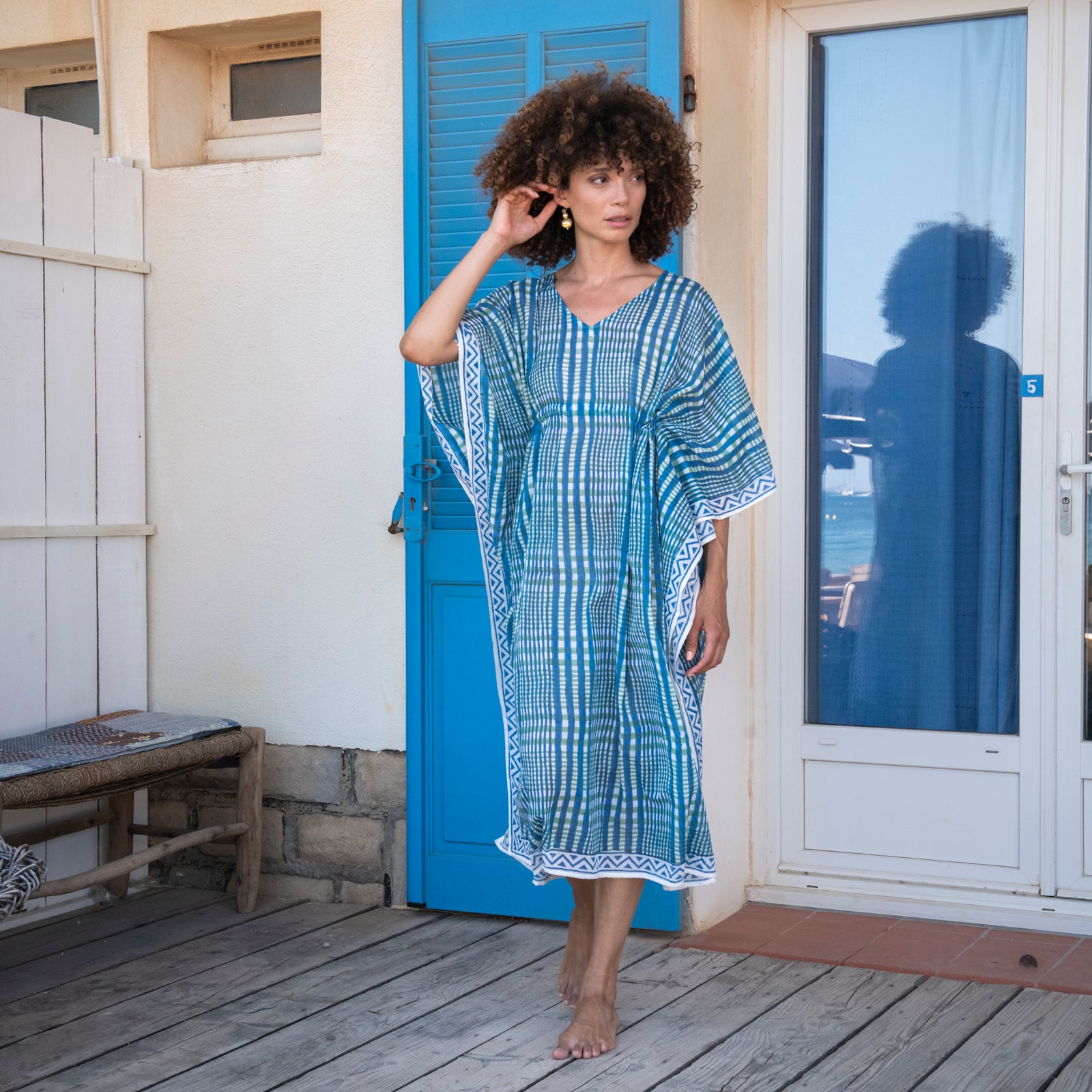 Long Caftan Nissa 100% Organic Cotton - Blue BLUE