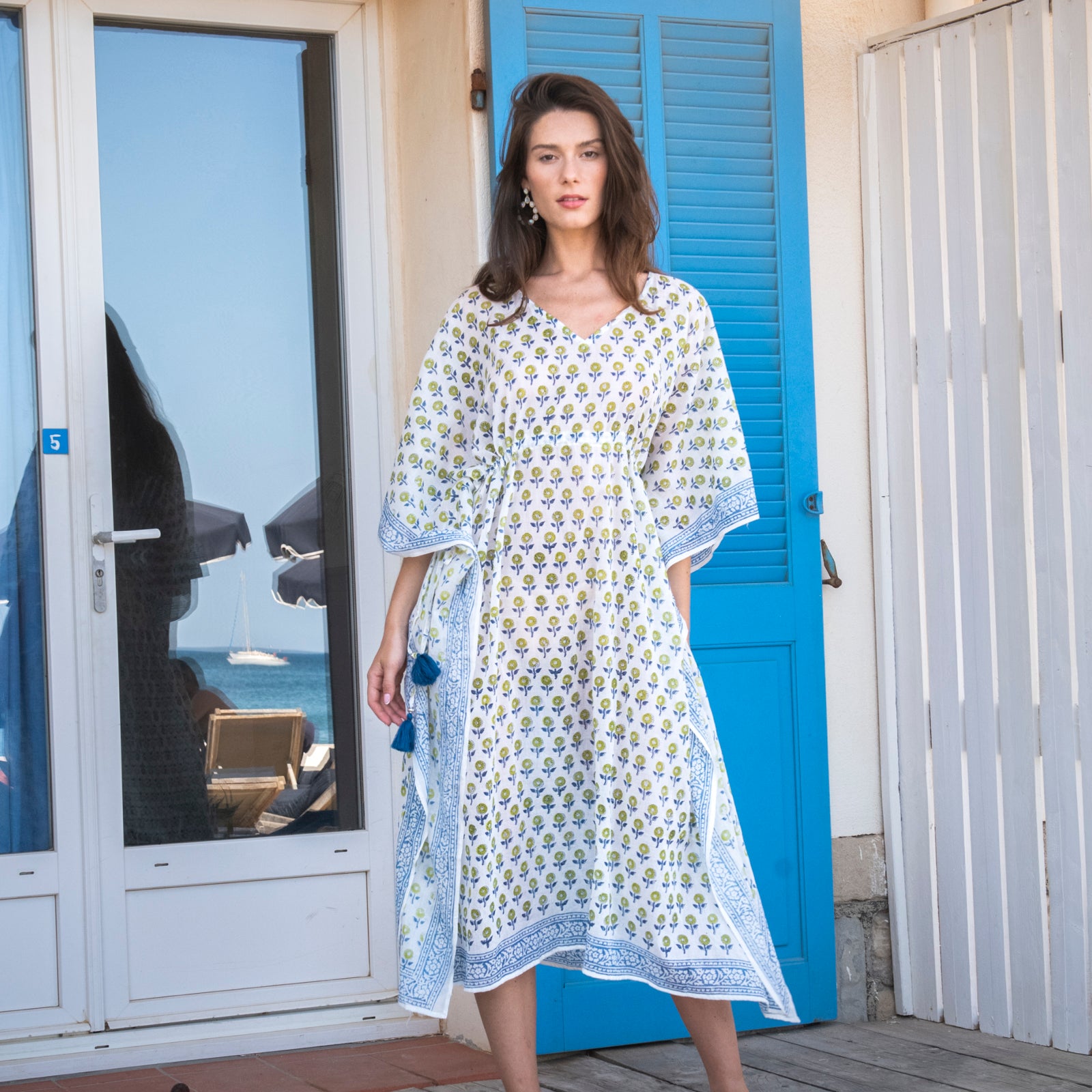 Long Caftan Grace 100% Organic Cotton - Blue BLUE