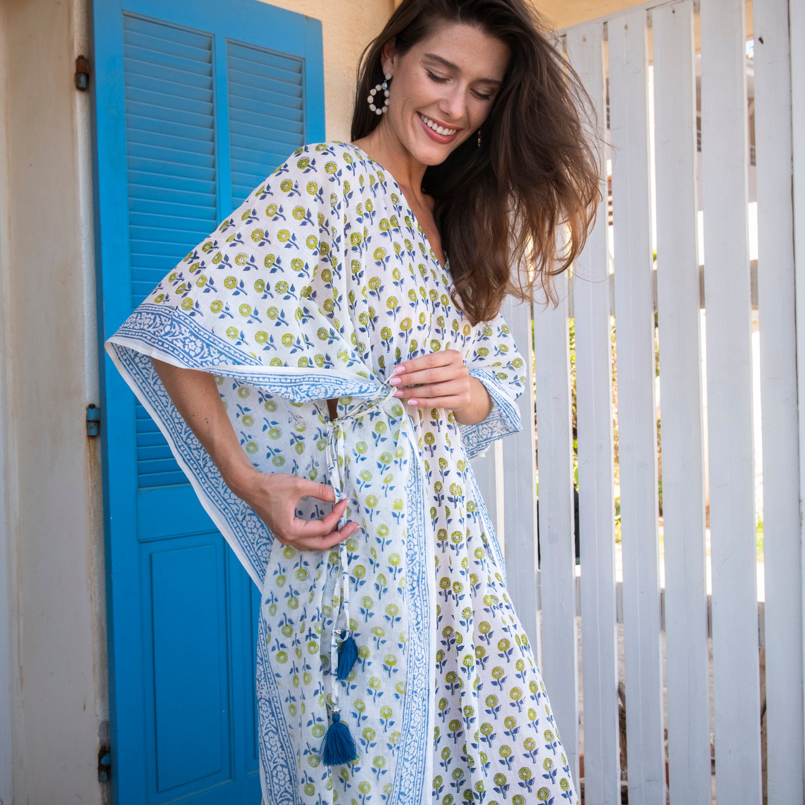 Long Caftan Grace 100% Organic Cotton - Blue BLUE