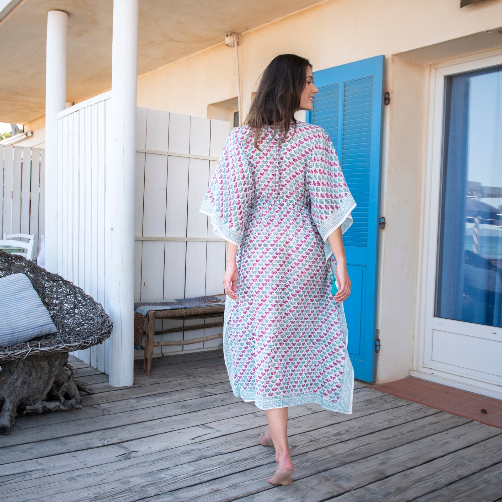 Long Caftan Garrigue 100% Organic Cotton - Green Pink GREEN PINK