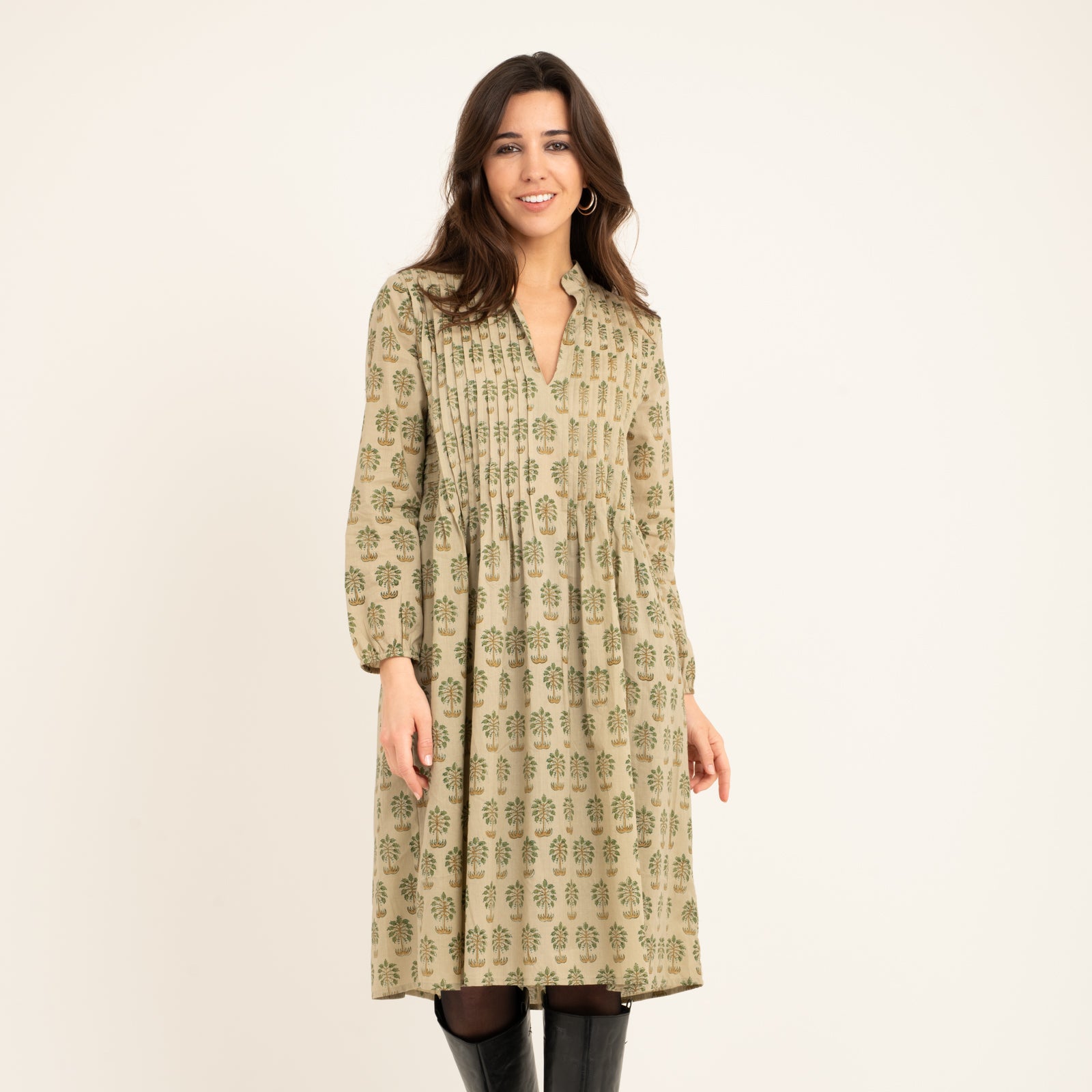 Marie Dress Block Print 100% Organic Cotton - Green Palm GREEN PALM