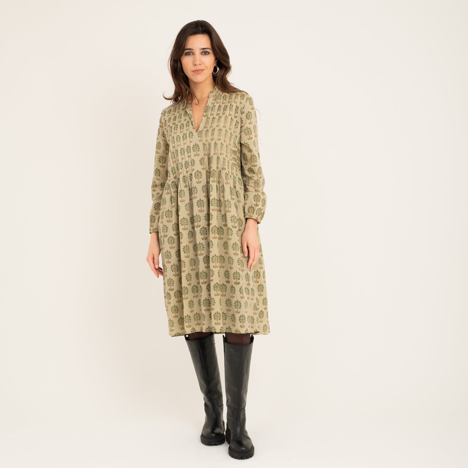 Marie Dress Block Print 100% Organic Cotton - Green Palm GREEN PALM