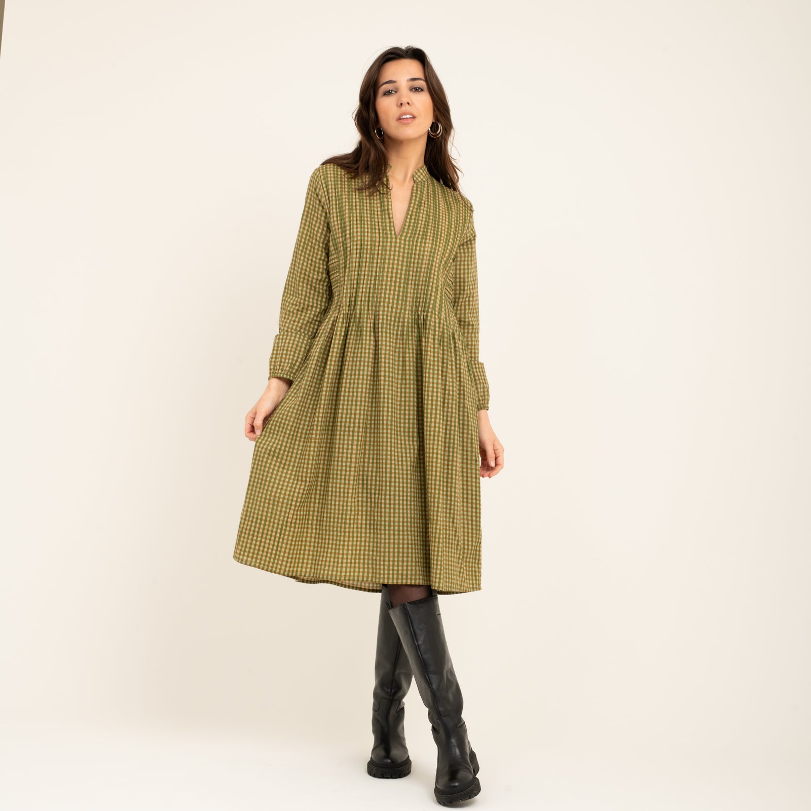 Marie Dress Block Print 100% Organic Cotton - Kakhi Check KAKHI CHECK