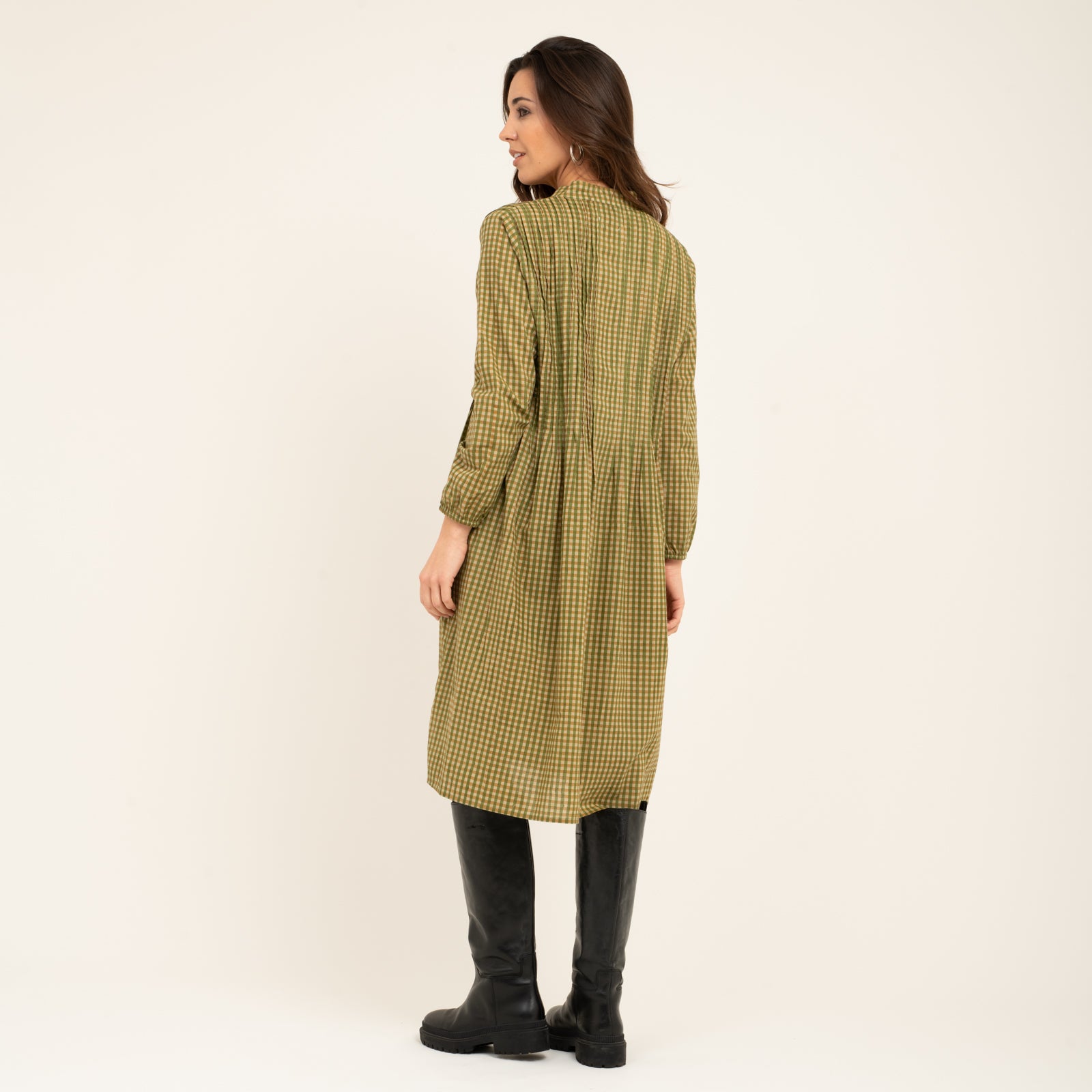 Marie Dress Block Print 100% Organic Cotton - Kakhi Check KAKHI CHECK