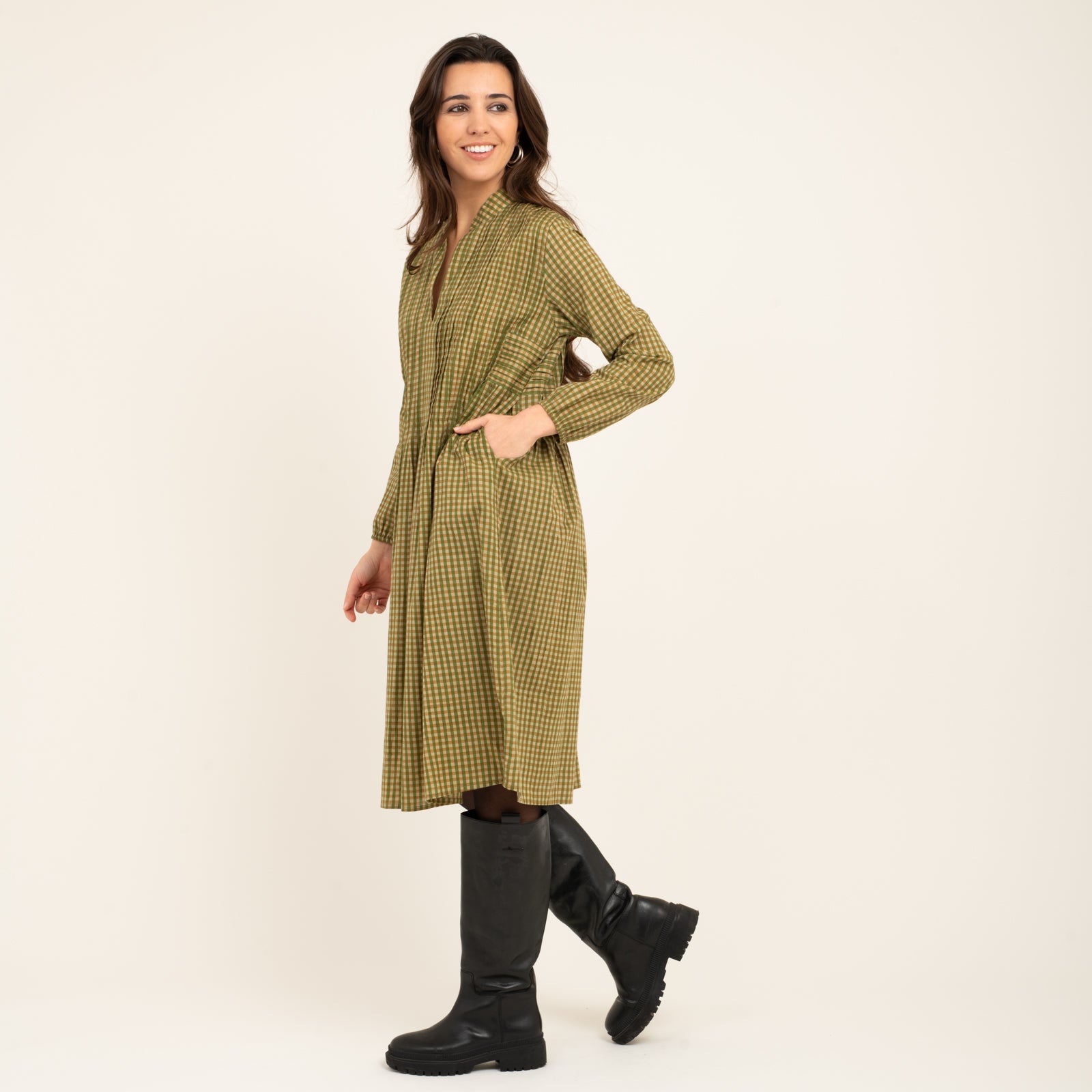 Marie Dress Block Print 100% Organic Cotton - Kakhi Check KAKHI CHECK