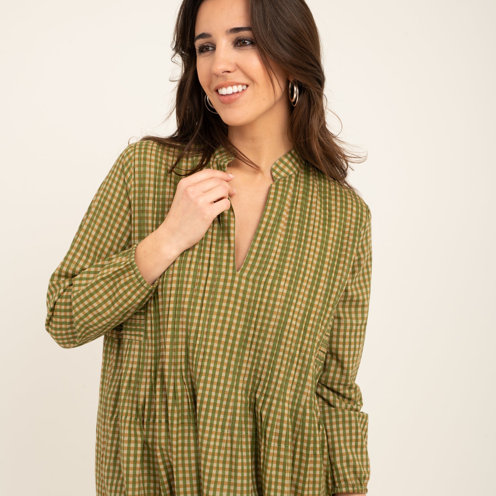 Marie Dress Block Print 100% Organic Cotton - Kakhi Check KAKHI CHECK