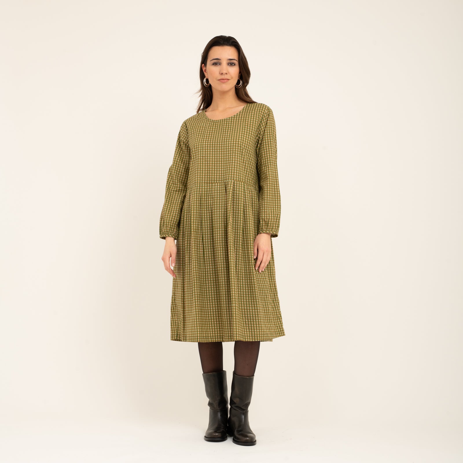 Carole Dress Shandra Jaya 100% Organic Cotton - Kakhi Check KAKHI CHECK