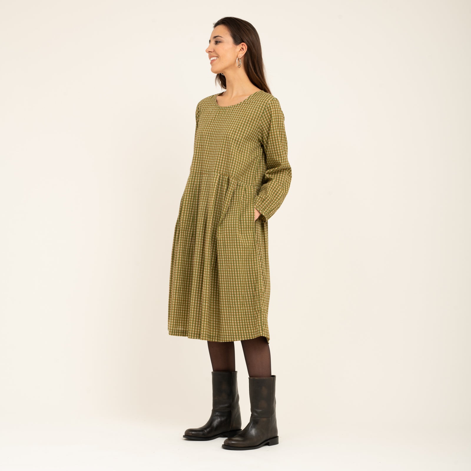 Carole Dress Shandra Jaya 100% Organic Cotton - Kakhi Check KAKHI CHECK