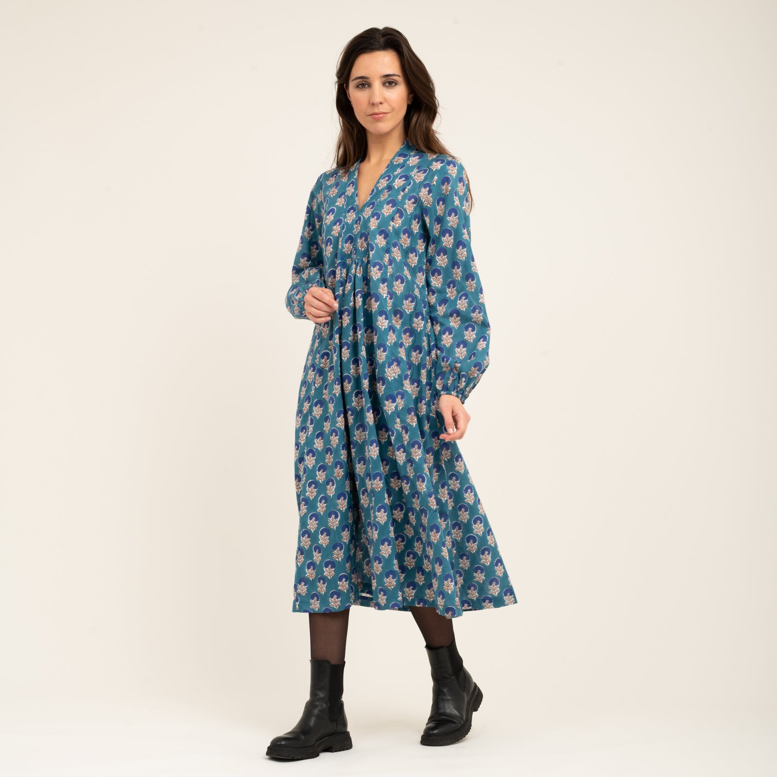 Mia Dress Block Print 100% Organic Cotton - Blue BLUE