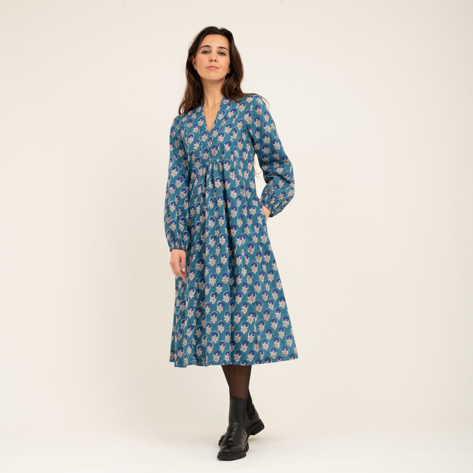 Mia Dress Block Print 100% Organic Cotton - Blue BLUE