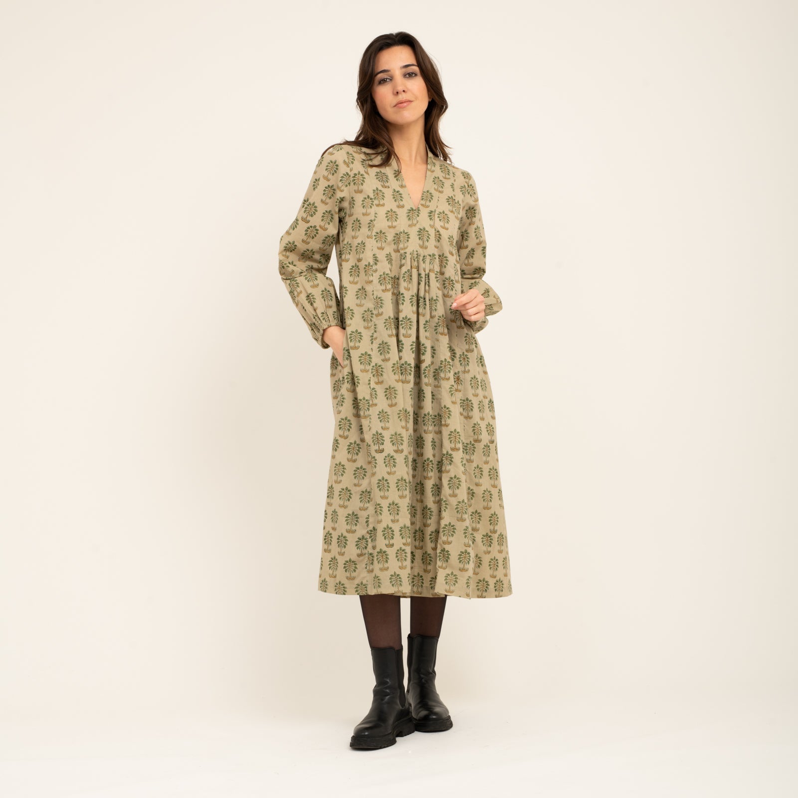 Mia Dress Block Print 100% Organic Cotton - Green Palm GREEN PALM