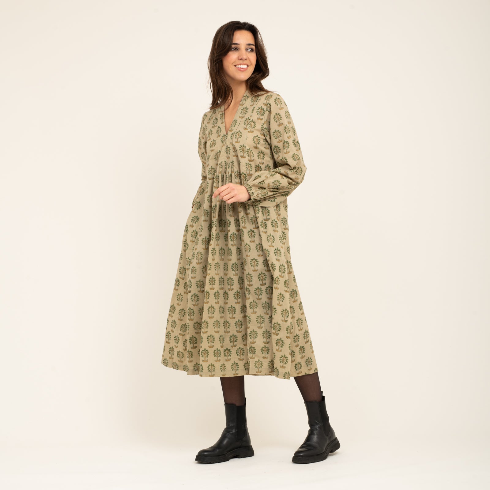 Mia Dress Block Print 100% Organic Cotton - Green Palm GREEN PALM