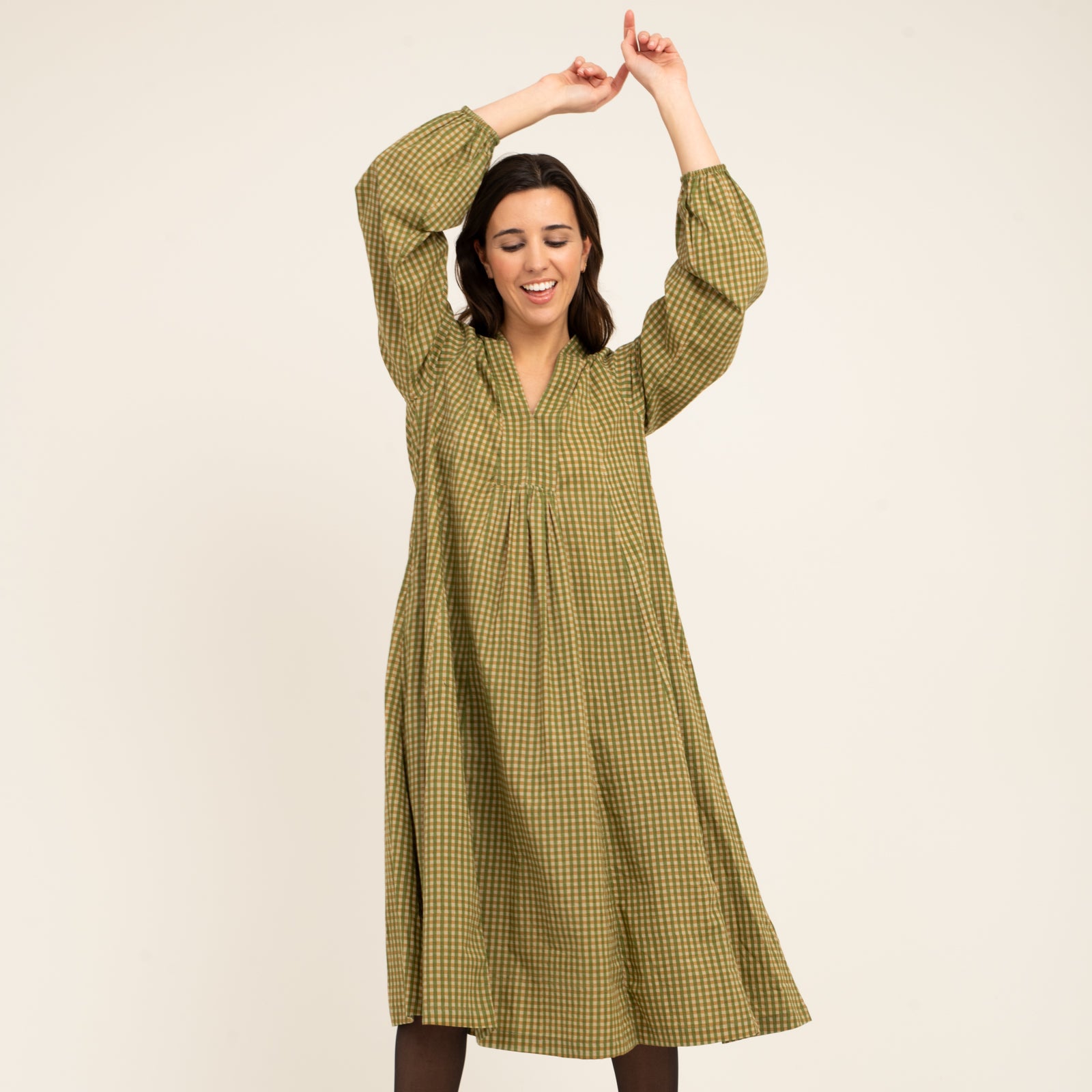 Mia Dress Block Print 100% Organic Cotton - Kakhi Check KAKHI CHECK
