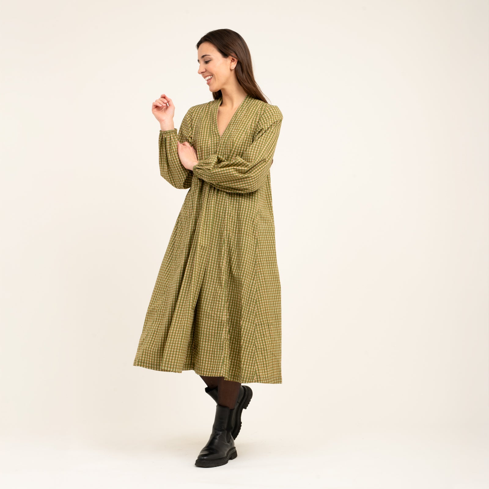 Mia Dress Block Print 100% Organic Cotton - Kakhi Check KAKHI CHECK