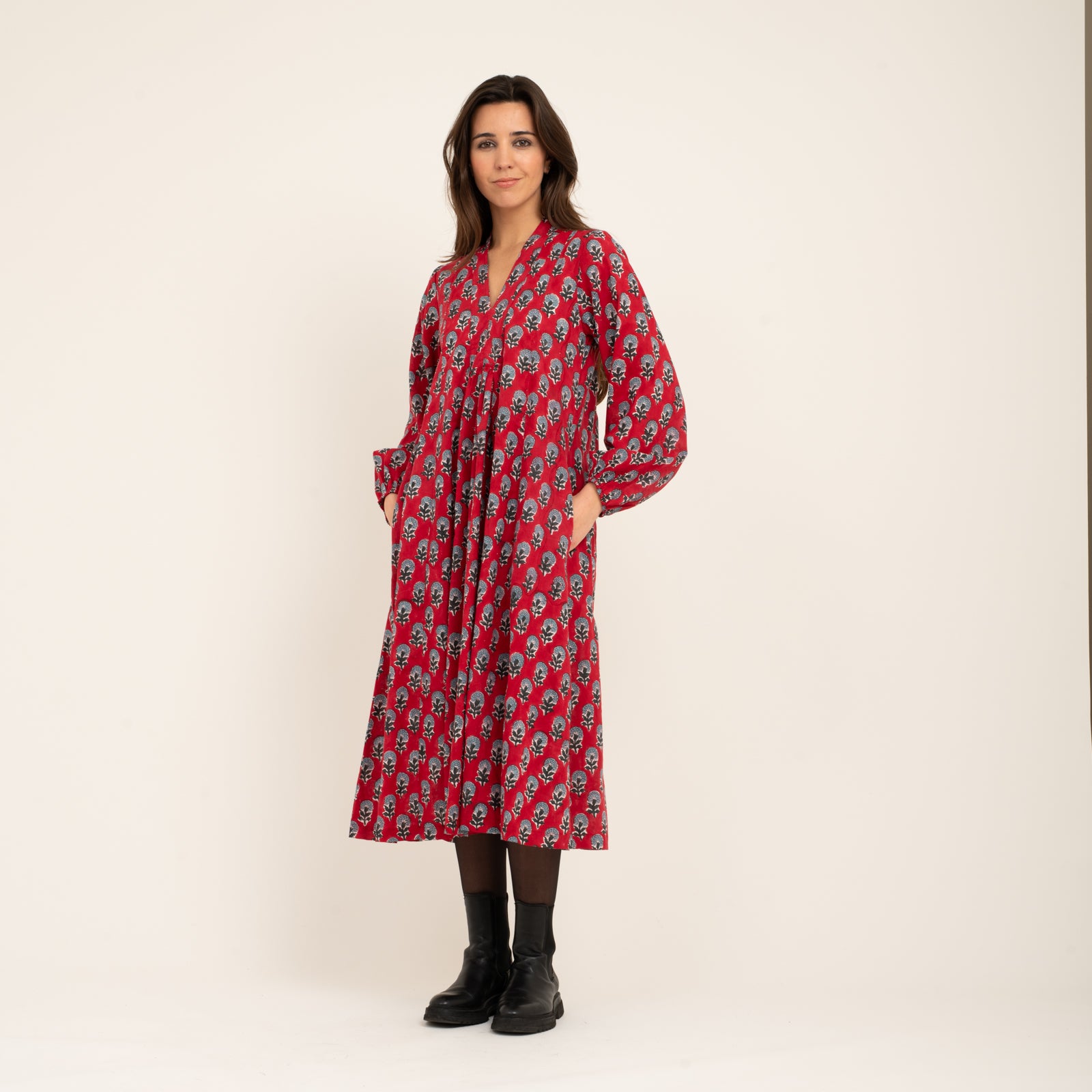 Mia Dress Block Print 100% Organic Cotton - Red RED