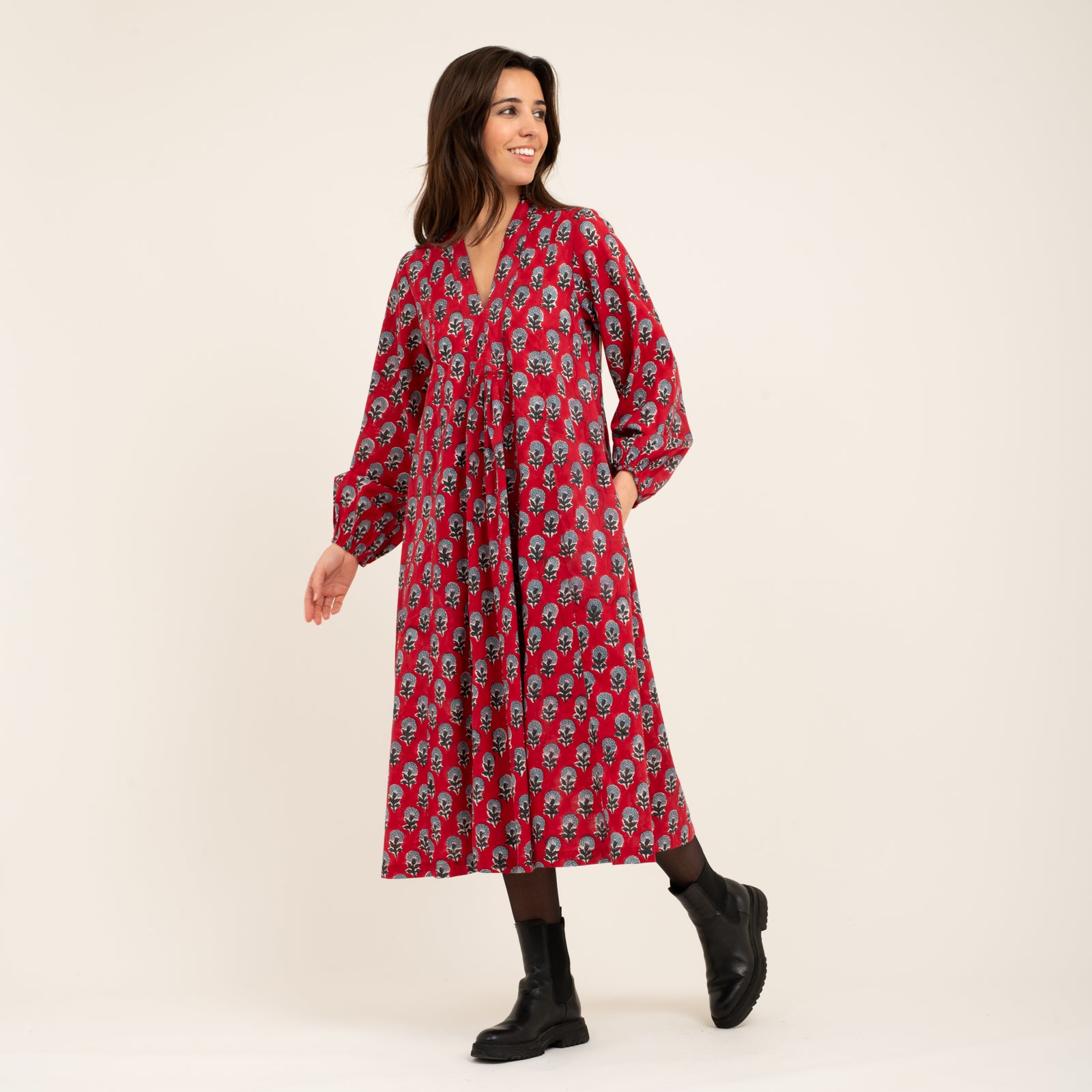 Mia Dress Block Print 100% Organic Cotton - Red RED