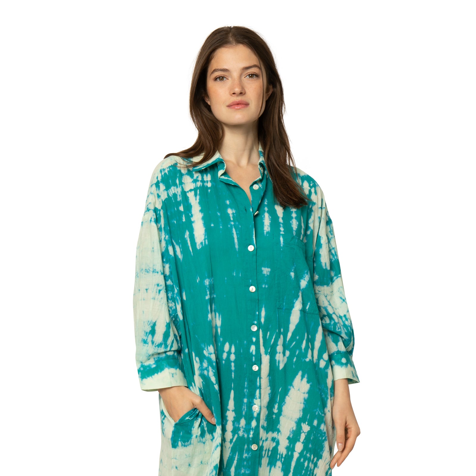 Anna Shirt Dress T&d 100% Coton - Green Turquoise GREEN TURQUOISE