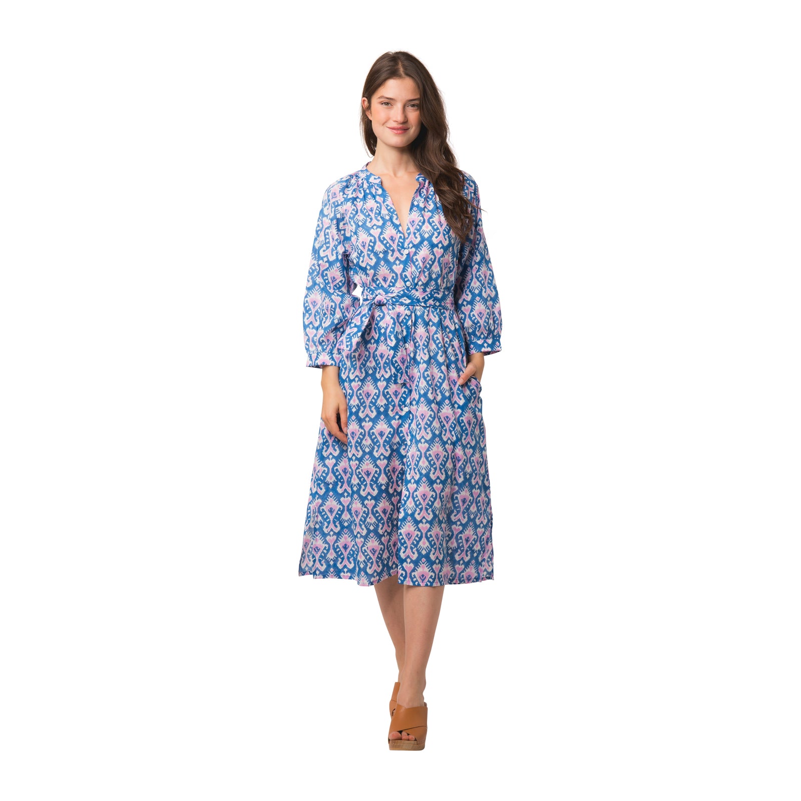 Marcelle Dress Ikat 100% Organic Coton - Blue BLUE