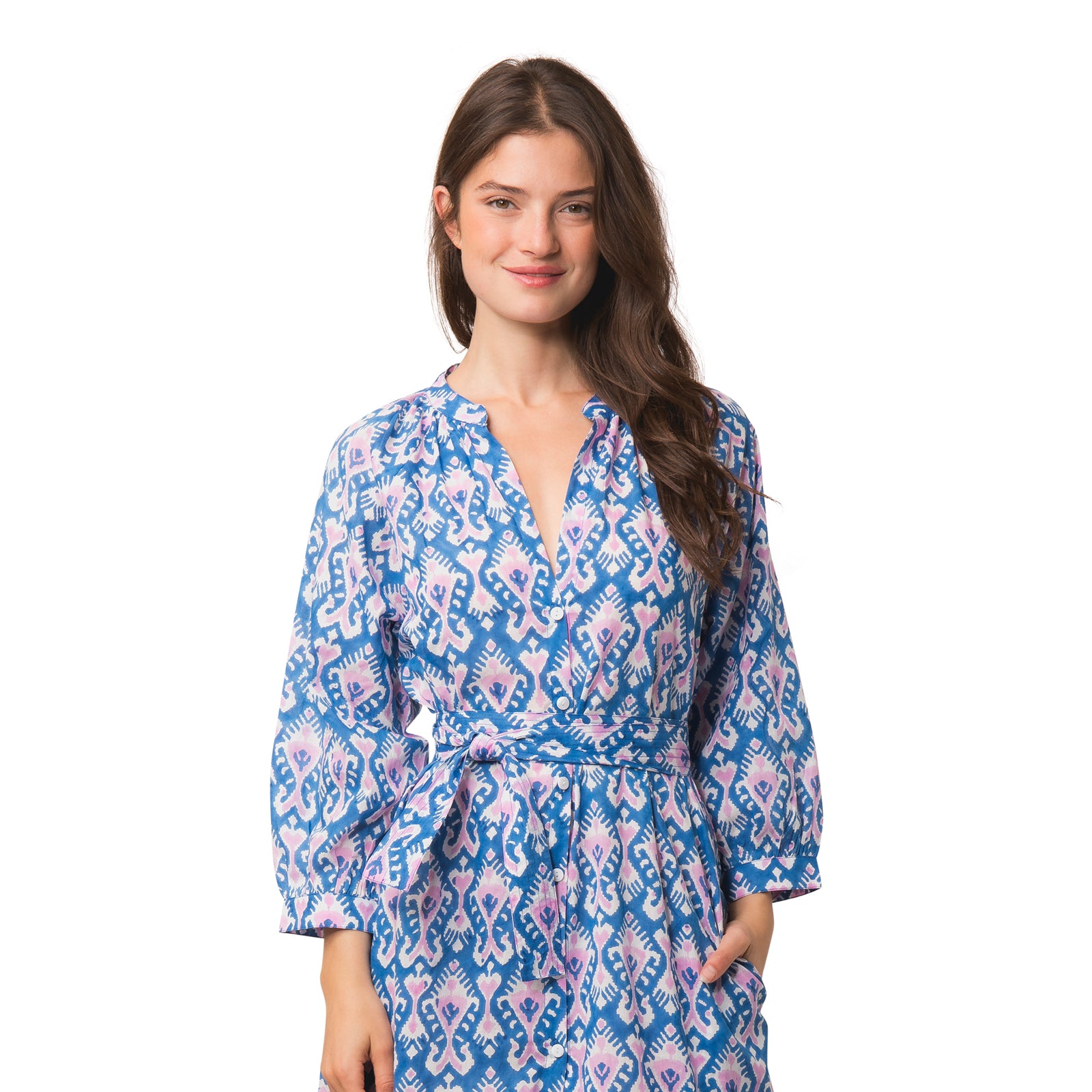 Marcelle Dress Ikat 100% Organic Coton - Blue BLUE