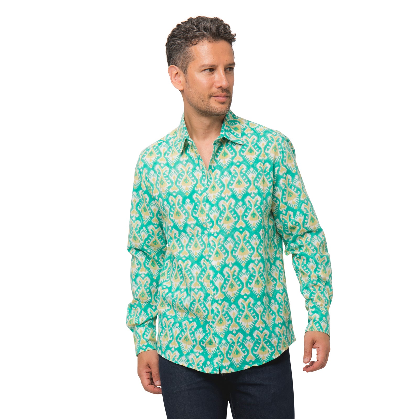 Man Shirt Ikat 100% Organic Coton - Green GREEN