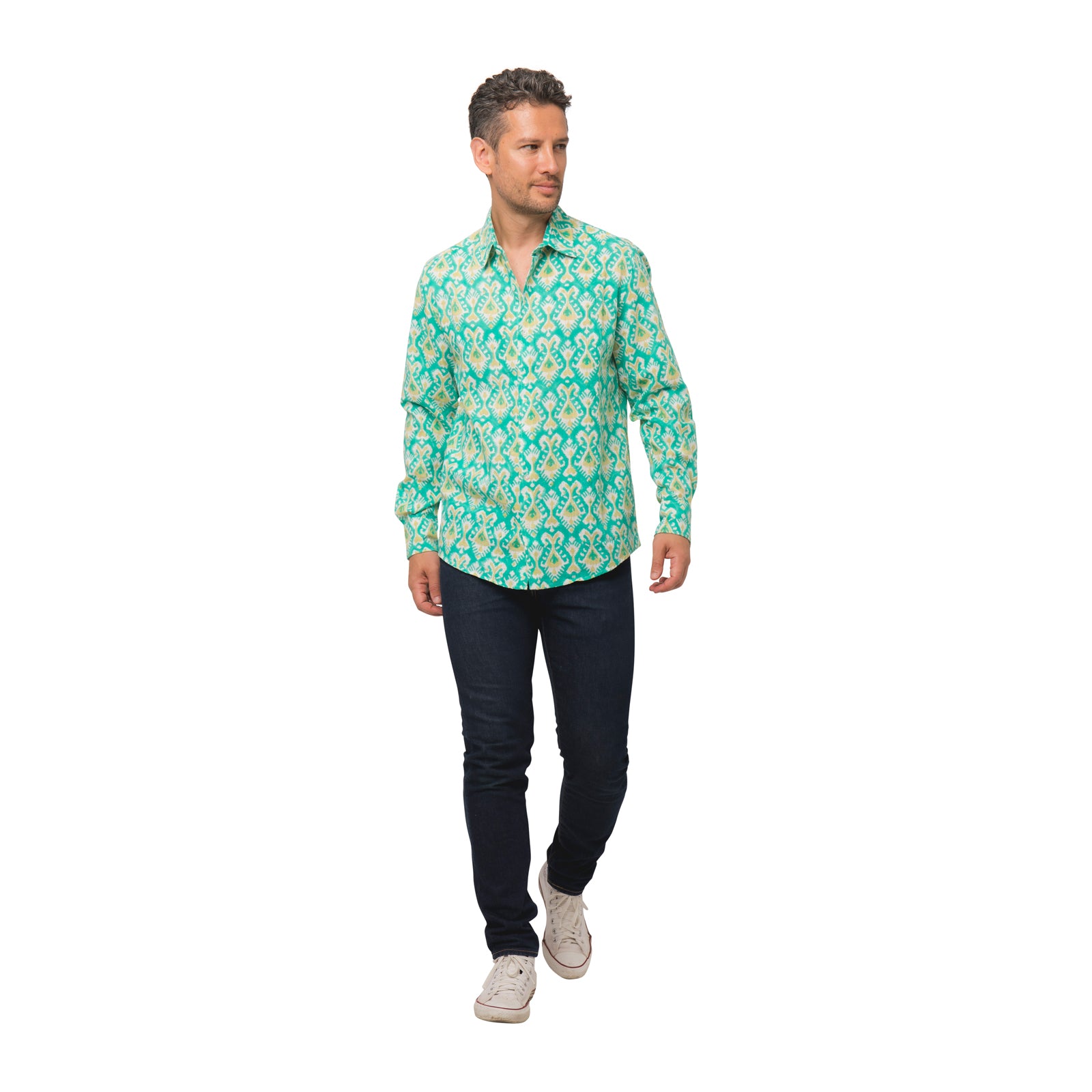 Man Shirt Ikat 100% Organic Coton - Green GREEN